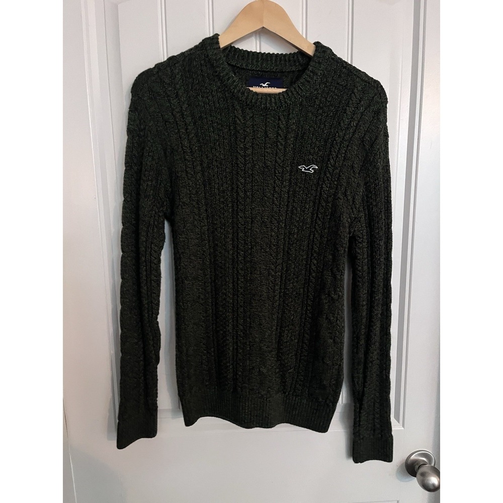 Hollister‎ women's Small Olive Green Cable-Knit Sweater Logo Long Sleeve 470